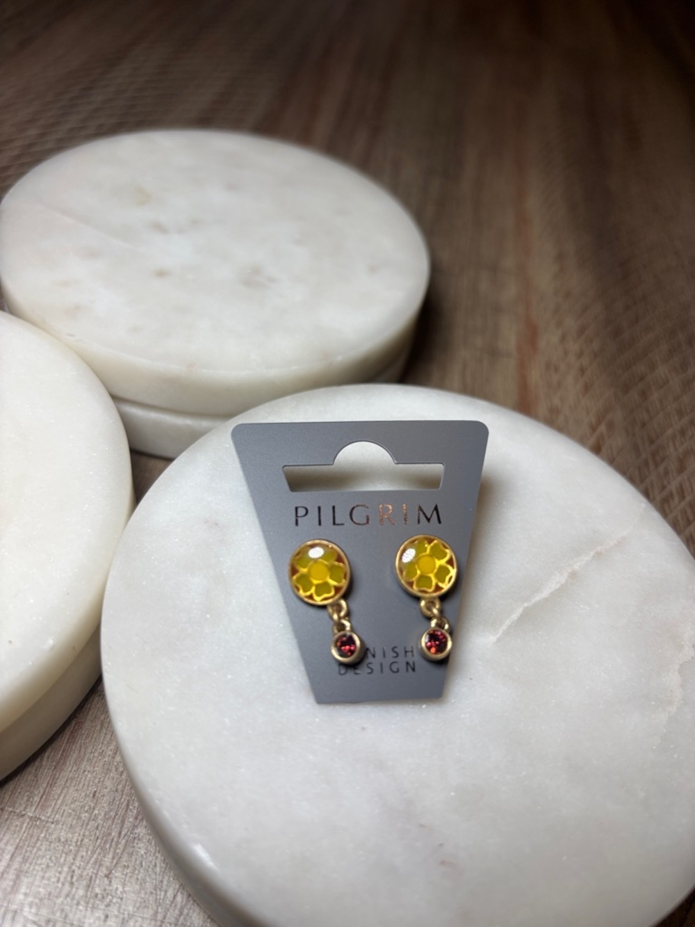 141 Pilgrim Yellow Floral Studs with Pink Crystal Drops